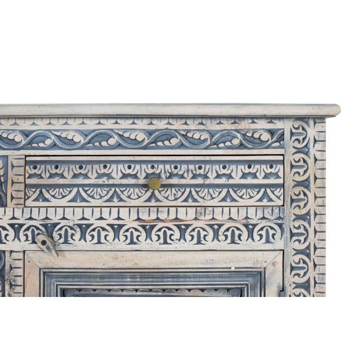 GINER Y COLOMER Buffet blanc et bleu avec 3 tiroirs et 4 portes en bois de manguier massif, finition lavée, artisanat sculpté, dimensions: 50 cm de large 4