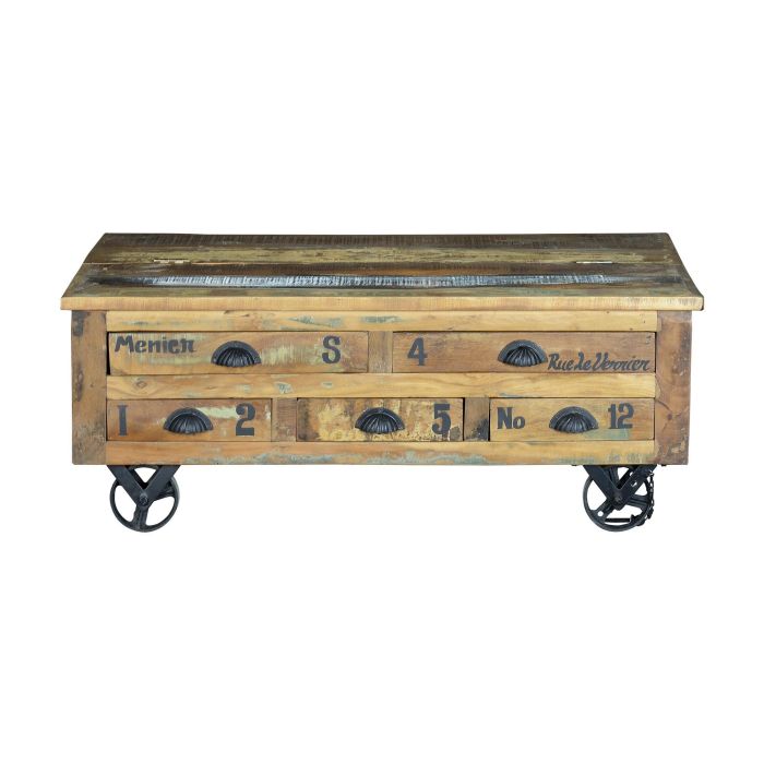 Table basse en bois recyclé avec 5 tiroirs et roulettes en métal multicolore - 110 x 70 x 42 cm 1
