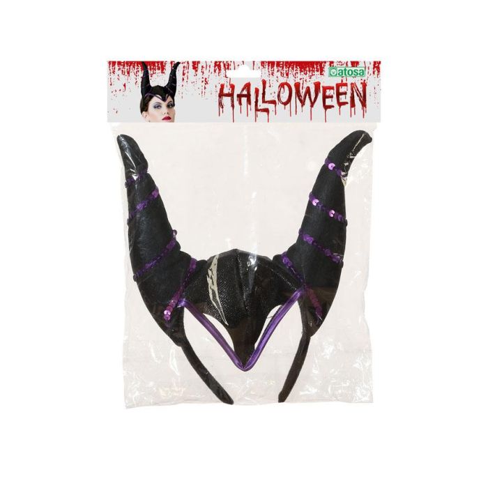 Diadème à cornes longues noires avec paillettes violettes pour costume Halloween et fantaisie, thème mystique et sombre