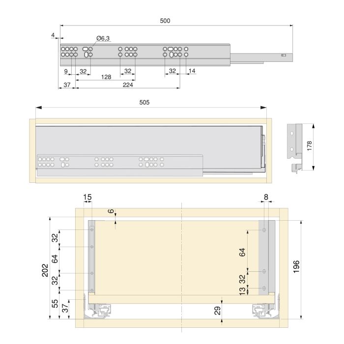 Emuca Kit de tiroirs pour cuisine ou salle de bains Vertex avec réglages 3D, hauteur 178mm, avec panneaux inclus, module 450mm, Gris antracite 9