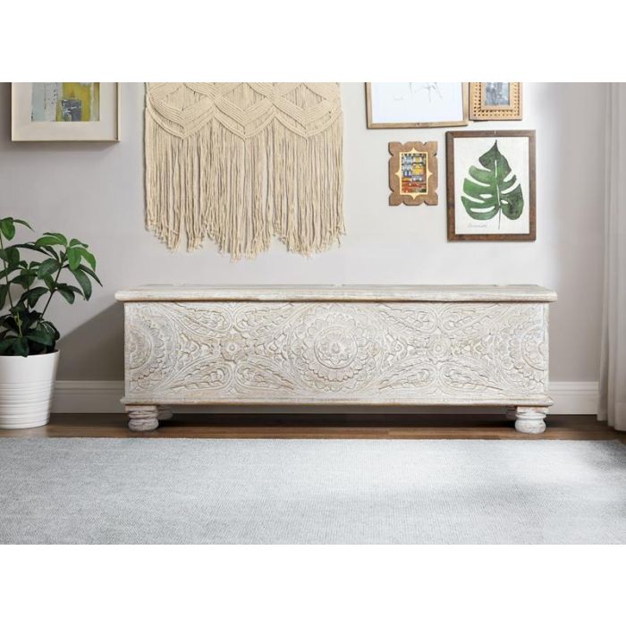 GINER Y COLOMER Baûl coffre de rangement en bois de manguier massif, finition blanc vieilli avec détails en bronze, 150 x 60 x 50 cm 6