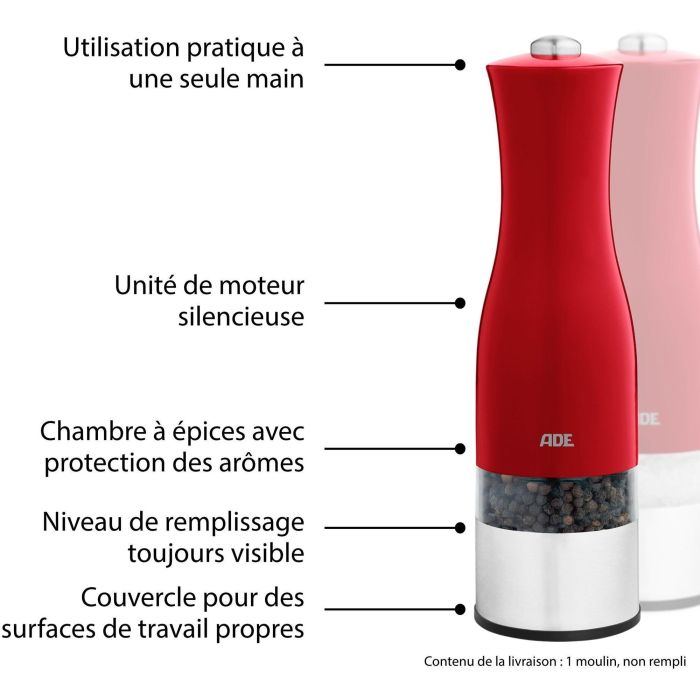 Moulin Poivre/Sel électrique - ADE -KITCHEN GADGETS - Acier inoxydable/plastique - H 22,5 cm - Inclus 6 pilles AAA - Rouge 3