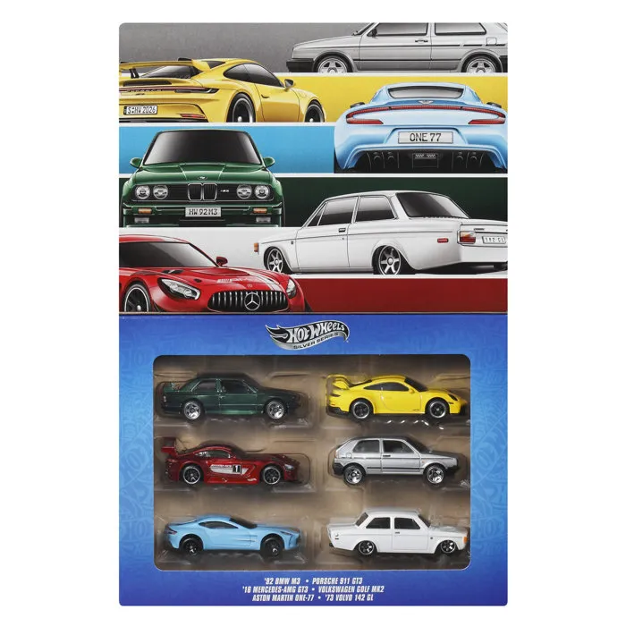 Hot Wheels JLB25 Multipack Euro Style - Pack de 6 véhicules de collection Aston Martin, BMW, Porsche, Mercedes-Benz, Volvo, Volkswagen