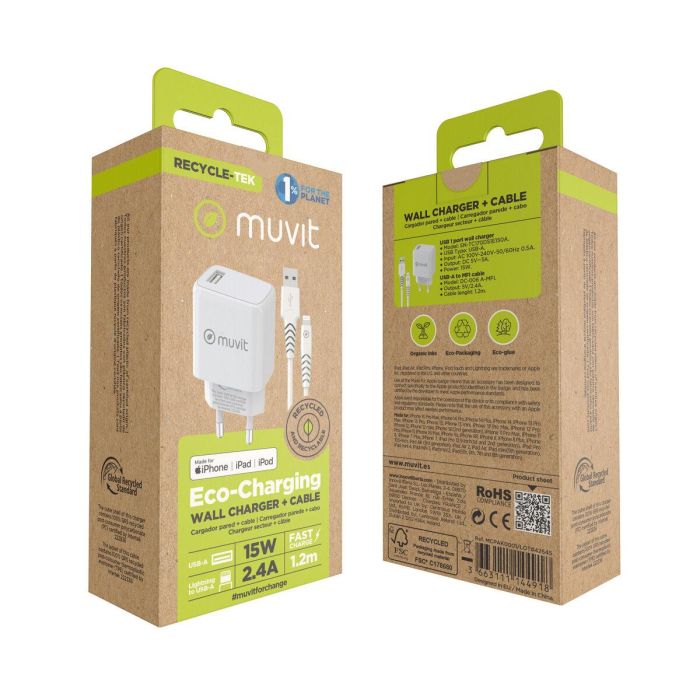 Chargeur mural + Câble USB A vers USB-C Muvit for Change SN-TC170DS1E150A + DC-006 Blanc 12 W 2