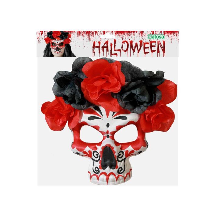 Masque de crâne Calavera rouge et noir avec fleurs pour Jour des morts