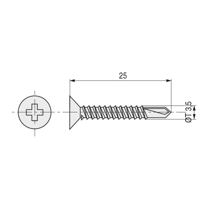 Tornillo Broca Rosca Chapa Cabeza Plana Din 7504-P Zincado Larg.R/Chapa 25Mm Ø Rosca Chapa 3.5Mm Duver (Set de 500) 1