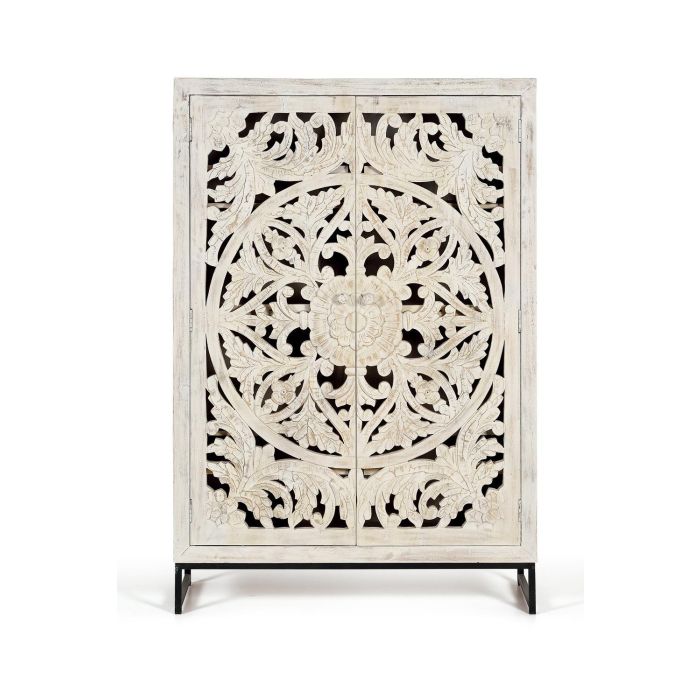GINER Y COLOMER Vitrina - Buffet 2 portes en bois de manguier massif avec finition blanc vieilli et pieds métal noir, 160 x 110 x 40 cm 1
