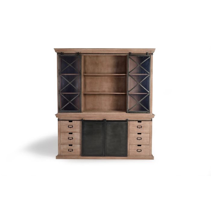 GINER Y COLOMER Buffet industriel en bois de manguier et métal avec 4 portes coulissantes et 6 tiroirs, 220 x 200 x 45 cm, finition naturel et gris foncé vieilli 1