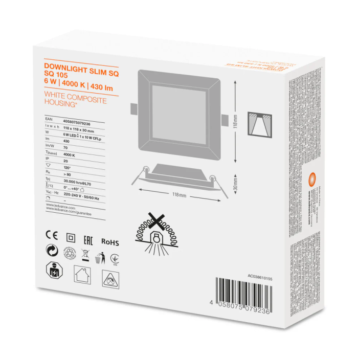 LEDVANCE Downlight LED 6W 430Lm 4000K 120º IP20 LVE-4058075079236 1