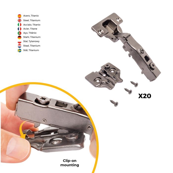 Emuca Lot de 20 charnières droites X91N avec embases à visser, Hauteur 0, Acier, Titane 3