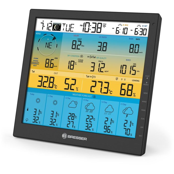 Bresser 7003220 Station météo intelligente 7-en-1 solaire avec WiFi - Écran couleur LCD 10" (25.4 cm), prévisions, capteur extérieur - Noir