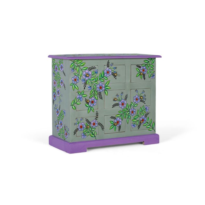 GINER Y COLOMER Commode en Mango Massif Peinte à la Main, 9 tiroirs, 70.5x31x60.5 cm, Finition Vert Gris et Motif Floral 1