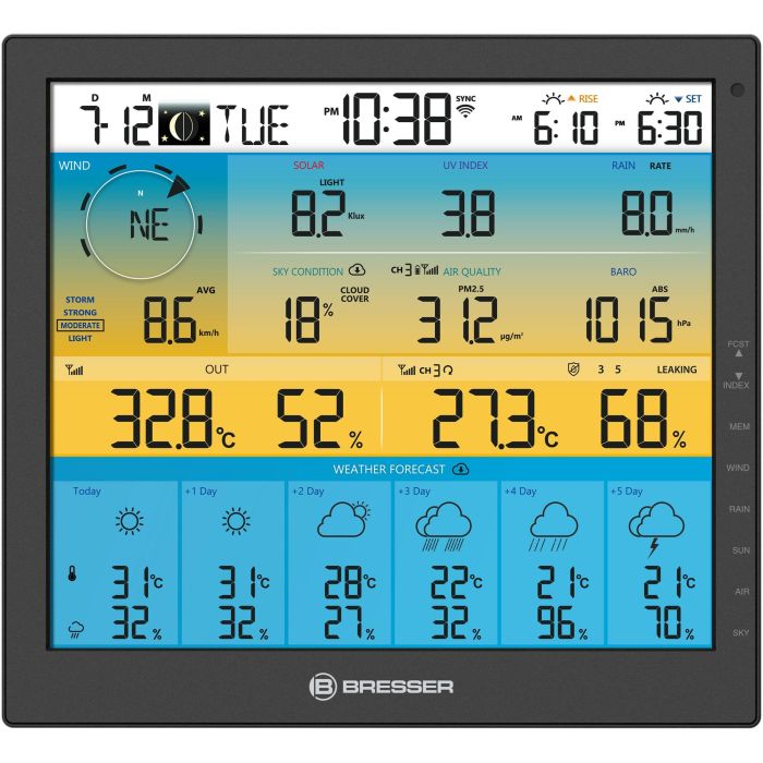 Bresser 7003220 Station météo intelligente 7-en-1 solaire avec WiFi - Écran couleur LCD 10" (25.4 cm), prévisions, capteur extérieur - Noir