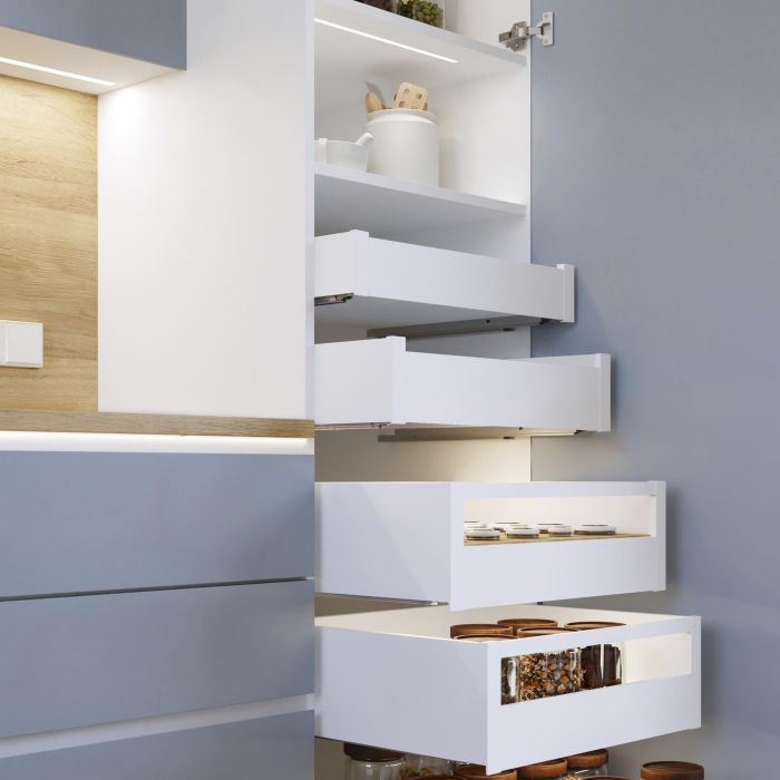 Emuca Tiroir extérieur Protone 30kg , coulisses à sortie totale et fermeture amortie, hauteur 93mm, profondeur 300mm, Acier, Peint en blanc 3