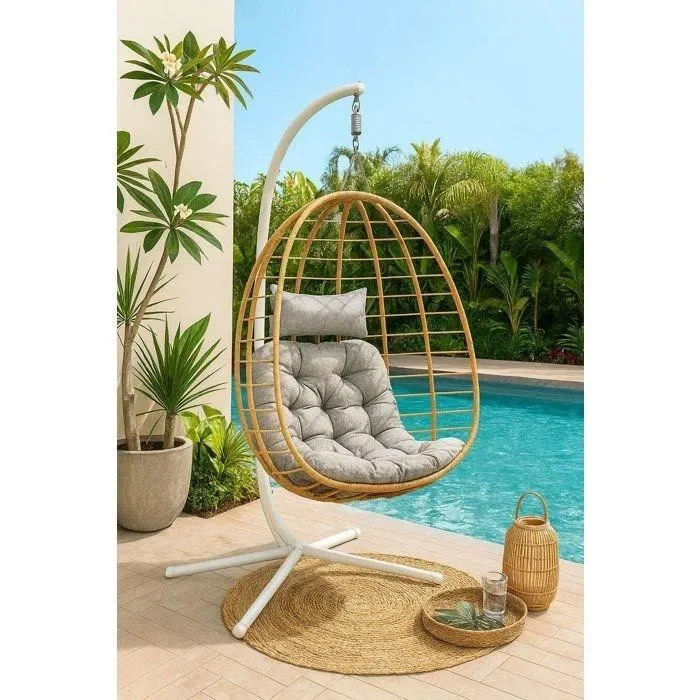 PALAVA - Fauteuil suspendu œuf en rotin synthétique avec structure en acier, D95 x L98 x H200 cm, design pliable et résistant aux intempéries PALAVA - Fauteuil suspendu œuf en rotin synthétique avec structure en acier, D95 x L98 x H200 cm, design pliable et résistant aux intempéries