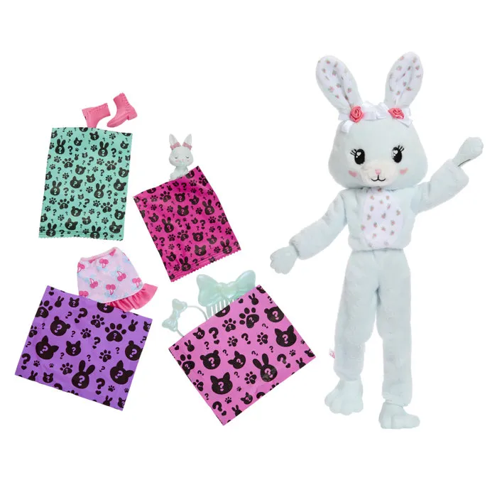 Barbie Cutie Reveal JJP65 - Poupée Interactive Lapin Bleu avec 10 Surprises - Costume en Peluche, Accessoires et Animaux