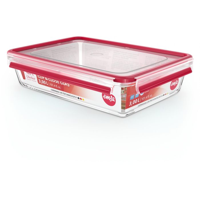Emsa N10412 Clip & Close Glas Frischhaltedose 3 L Transparent/Rot 2