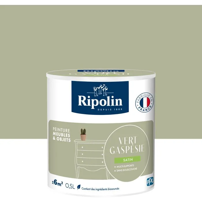 Ripolin Peinture pour Meubles et Objets Vert Gaspésie Satiné 0.5 L - Application sans sous-couche, pour intérieur et extérieur, à base d'ingrédients biosourcés Ripolin Peinture pour Meubles et Objets Vert Gaspésie Satiné 0.5 L - Application sans sous-couche, pour intérieur et extérieur, à base d'ingrédients biosourcés