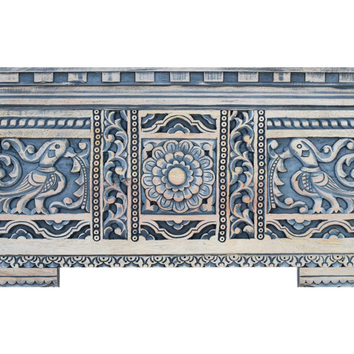 GINER Y COLOMER Console d'entrée en bois de manguier avec colonnes et panneau frontal sculptés à la main, finition blanc lavé et bleu 4