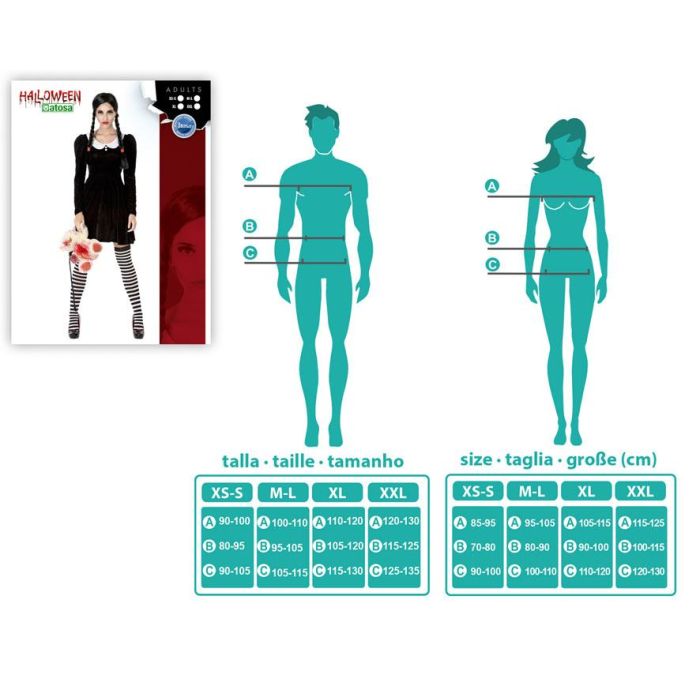 Déguisement Femme Fantôme Adulte Hantée Style Élève, Taille XS-S, Manches Longues, Noir et Blanc, Polyester, Halloween