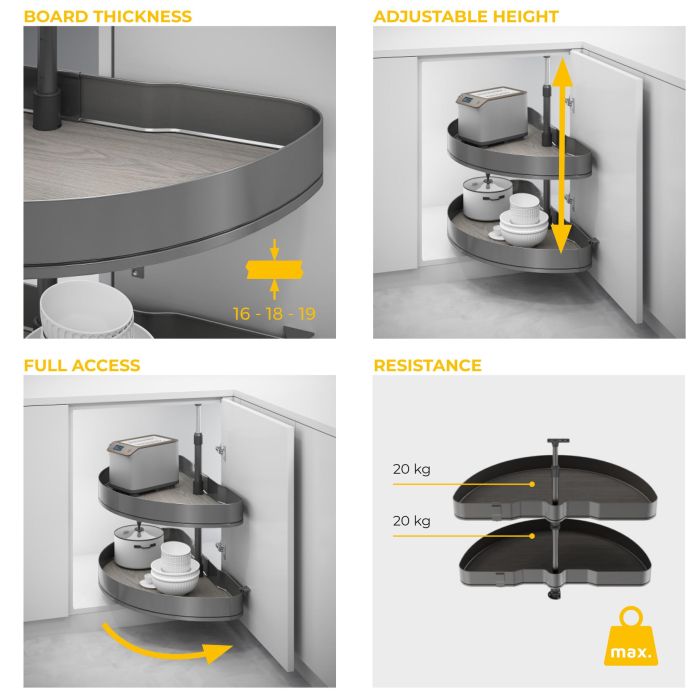 Emuca Jeu de plateaux tournants Harmony 1/2 lune, Module largeur 800mm, Hauteur réglable, Acier et Bois, Gris anthracite 5 Emuca Jeu de plateaux tournants Harmony 1/2 lune, Module largeur 800mm, Hauteur réglable, Acier et Bois, Gris anthracite 5
