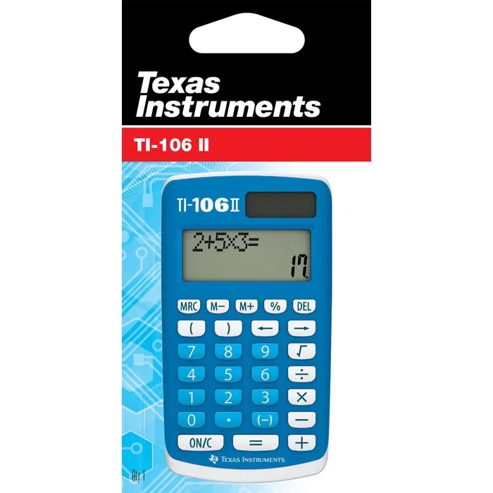 Texas Instruments TI-106 II Calculatrice solaire pour école primaire avec écran 2 lignes et protection - Bleu Texas Instruments TI-106 II Calculatrice solaire pour école primaire avec écran 2 lignes et protection - Bleu