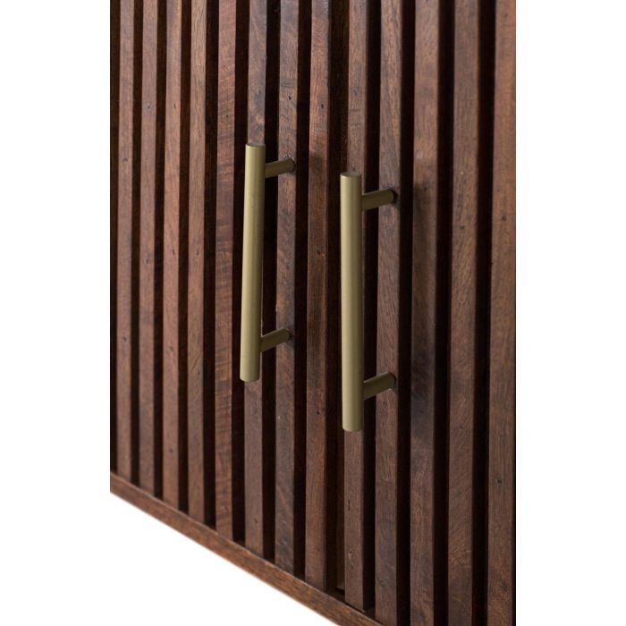 GINER Y COLOMER - Meuble TV 160 cm en bois de manguier couleur noyer, plateau marbre synthétique blanc, côtés courbes, 3 portes, poignées et base dorées 4