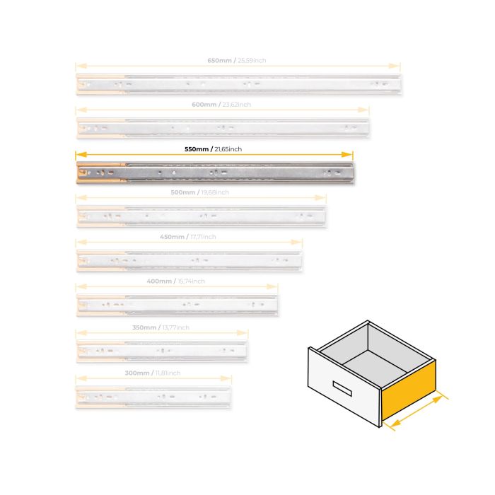 Emuca Lot de 5 jeux de Coulisses de tiroirs, roulement à billes, hauteur 45mm, profondeur 550mm, sortie totale, fermeture amortie, Zingué 8