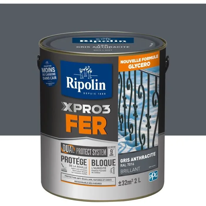 Ripolin Peinture XPRO3 FER 7016 2L, Gris Anthracite Brillant, Anticorrosion Dual Protect System, Haute Protection 9 Ans Ripolin Peinture XPRO3 FER 7016 2L, Gris Anthracite Brillant, Anticorrosion Dual Protect System, Haute Protection 9 Ans