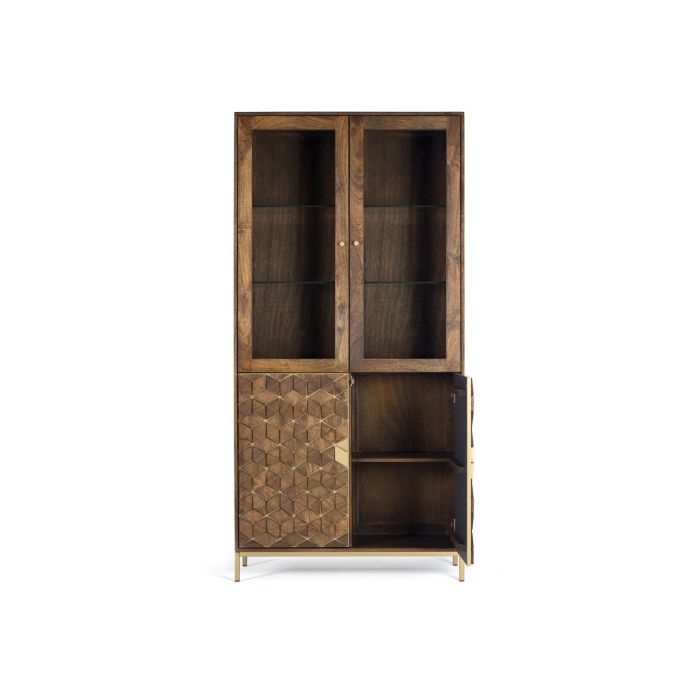 GINER Y COLOMER Vitrina Buffet Dora2 en Bois de Mango et Métal avec 2 Portes en Verre et 2 Portes en Bois - Effet Enjambre - Coloris Noyer et Doré - Dimensions 200 x 98 x 40 cm 2