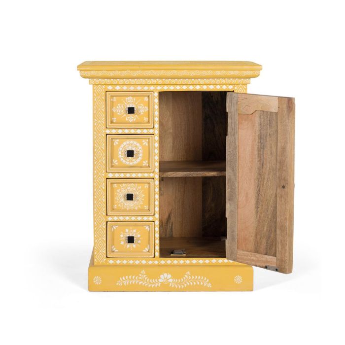 GINER Y COLOMER - Commode en bois de manguier avec porte décorée artisanalement, 4 tiroirs et compartiment de rangement, finition couleur naturel et motifs floraux 1 GINER Y COLOMER - Commode en bois de manguier avec porte décorée artisanalement, 4 tiroirs et compartiment de rangement, finition couleur naturel et motifs floraux 1