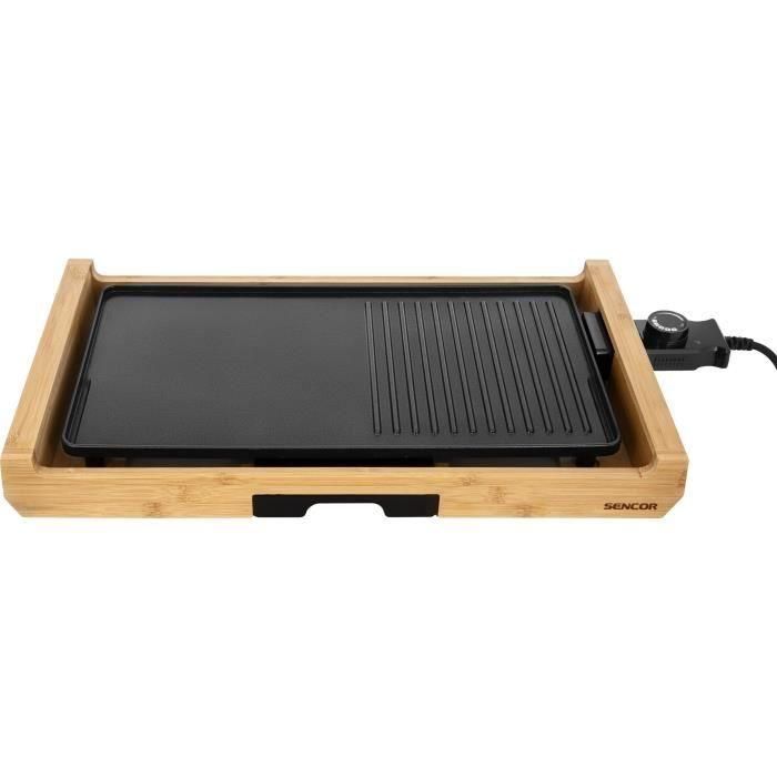Sencor SBG 206BK - Grill électrique et plancha 2-en-1 1800 W, surface de cuisson 43 x 23 cm, design bambou, noir - Contrôle de température, bac à graisse amovible