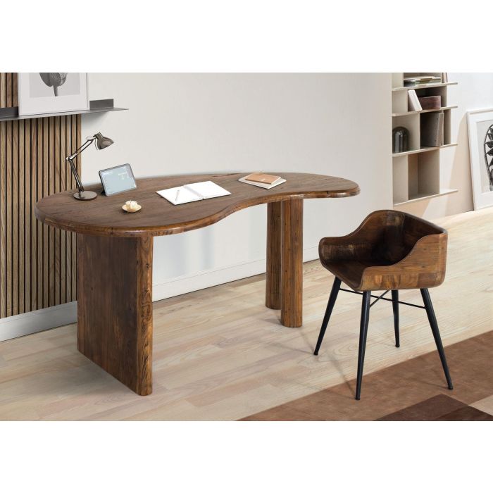 GINER Y COLOMER - Bureau en teck massif style rustique avec plateau large et structure asymétrique, finition noyer 4