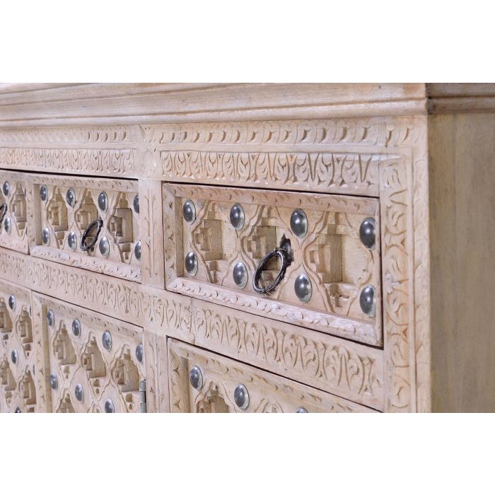GINER Y COLOMER Buffet artisanal en bois de manguier naturel avec 3 portes et 3 tiroirs, finition patine blanche et détails en fer vieilli - Style BAKRA (92x150x40 cm) 4