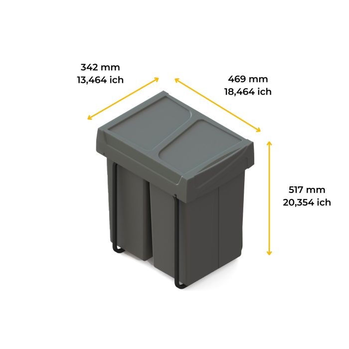 Emuca bac de tri sélectif a montage inférieur et extraction manuelle pour élément de cuisine Recycle, 2x25litres, Plastique gris antracite 14