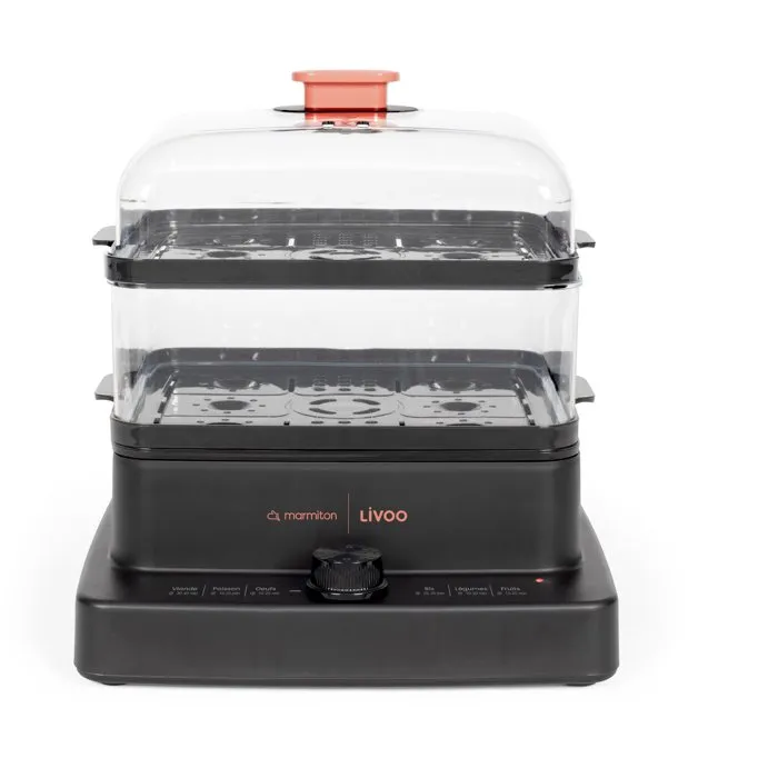 Livoo DOC300 Cuiseur Vapeur 3 Paniers 12L - 1000-1200W - Marque Livoo x Marmiton avec 20 Recettes Exclusives - Minuteur 60 Min