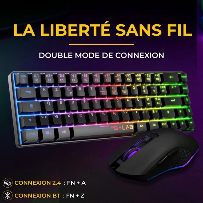 The G-Lab COMBO HYDRO - Pack Gamer 2-en-1 sans fil - Clavier membrane silencieux et souris ergonomique - Noir