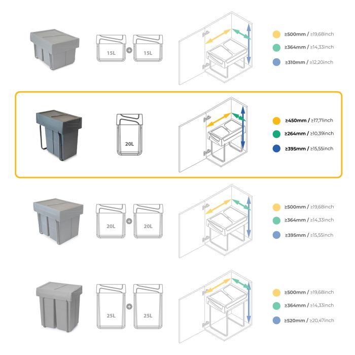 Emuca bac de tri sélectif a montage inférieur et extraction manuelle pour élément de cuisine Recycle, 1x20 litres, Plastique gris anthracite 5
