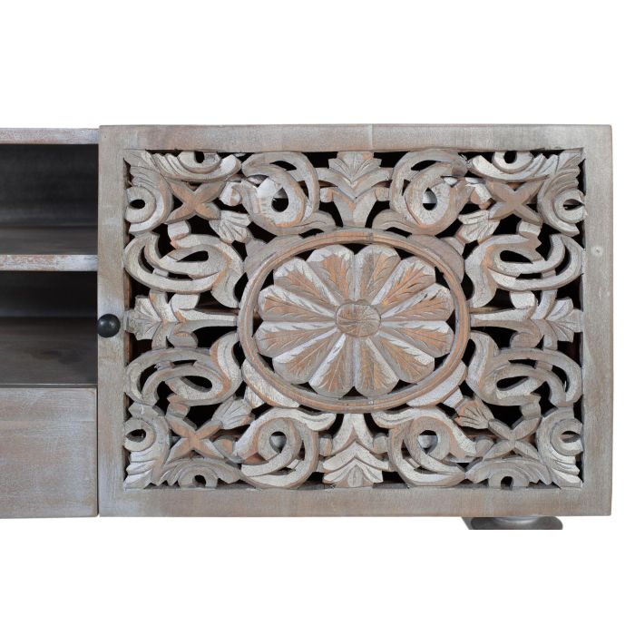 GINER Y COLOMER - Meuble TV en bois de manguier massif gris décapé avec portes sculptées et tiroir - 150 cm de large 4