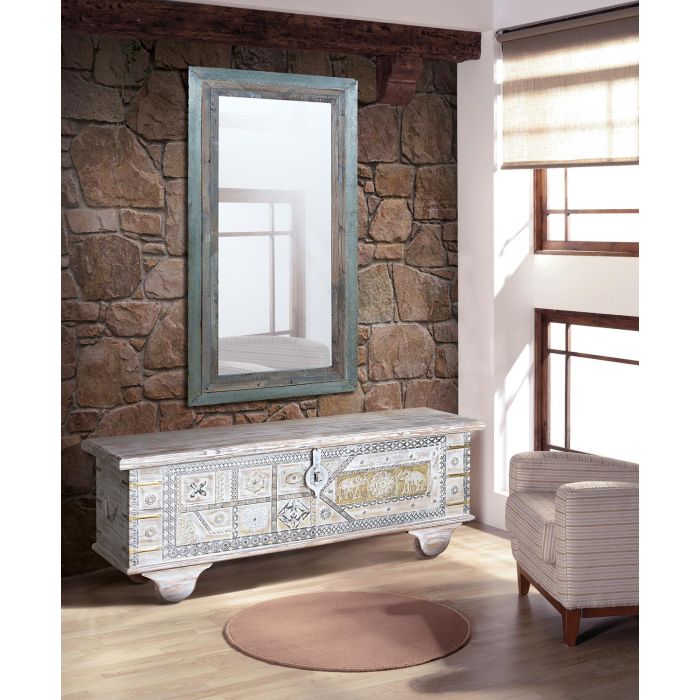 GINER Y COLOMER - Bahut en bois de manguier finition blanc vieilli avec appliques bronze - 46 x 116 x 40 cm (LxHxP) 3