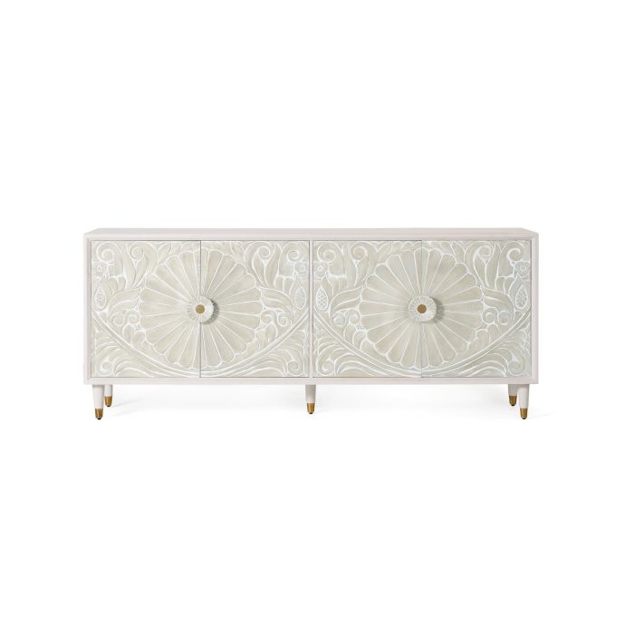 GINER Y COLOMER Buffet en Mango avec 4 Portes Sculptées, Finition Blanc Lavé et Pieds Détail Bronze - 190 x 80 x 40 cm 0 GINER Y COLOMER Buffet en Mango avec 4 Portes Sculptées, Finition Blanc Lavé et Pieds Détail Bronze - 190 x 80 x 40 cm 0