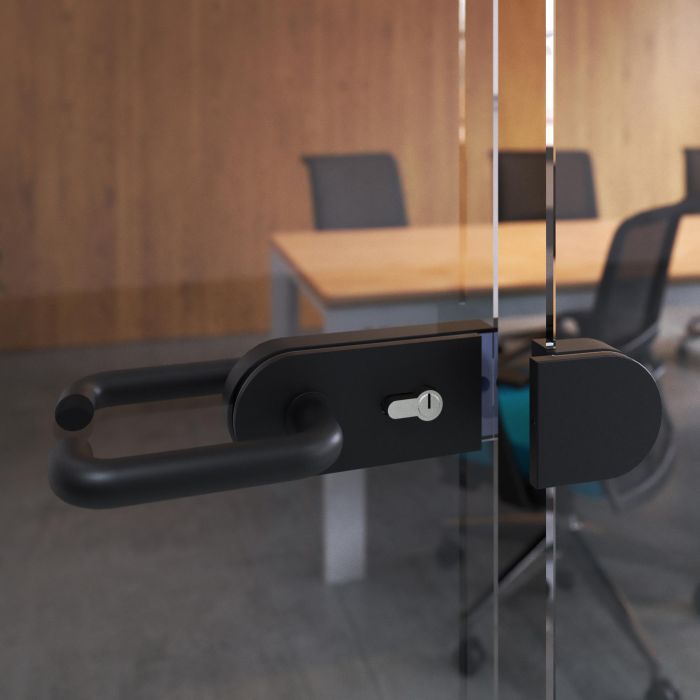 Emuca Kit de serrure et de gâche pour portes en verre doubles, loquet horizontal pour porte en verre 8-12mm, acier et aluminium, peint en noir 2 Emuca Kit de serrure et de gâche pour portes en verre doubles, loquet horizontal pour porte en verre 8-12mm, acier et aluminium, peint en noir 2