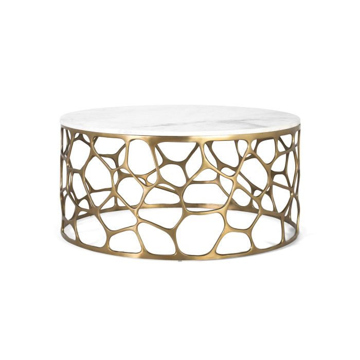 GINER Y COLOMER - Table basse ronde en marbre blanc avec veines grises et base en aluminium doré à structure ajourée, design moderne et luxueux 0 GINER Y COLOMER - Table basse ronde en marbre blanc avec veines grises et base en aluminium doré à structure ajourée, design moderne et luxueux 0