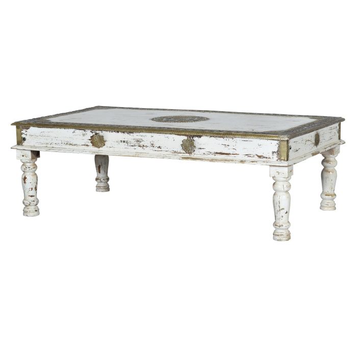 GINER Y COLOMER Table basse en bois de manguier, finition blanc vieilli avec détails bronze, 140x80x45 cm, meuble artisanal 0 GINER Y COLOMER Table basse en bois de manguier, finition blanc vieilli avec détails bronze, 140x80x45 cm, meuble artisanal 0