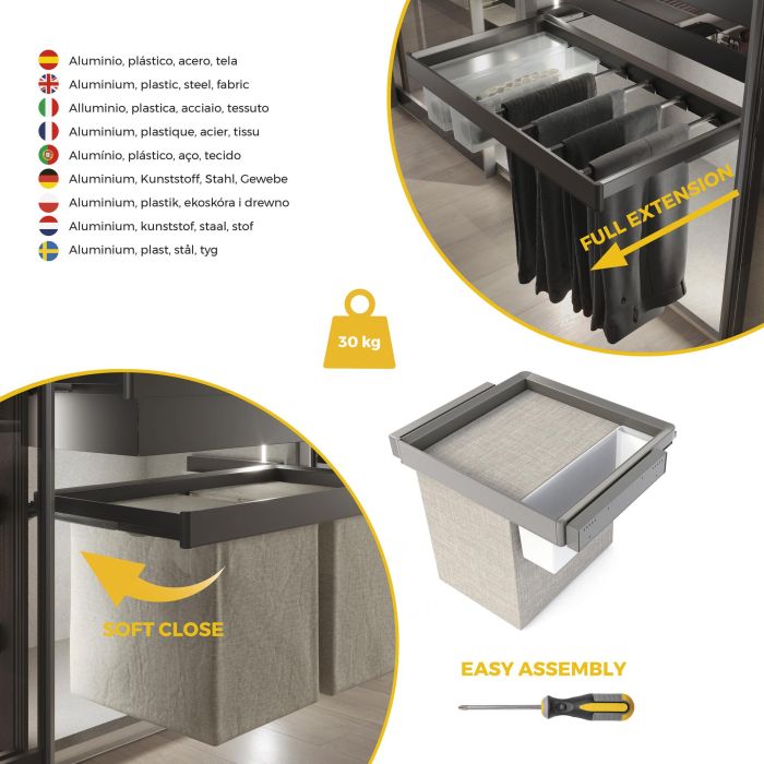 Emuca Kit plateau auxiliaire, panier et rack ajustable Quartz pour armoires, glissières extension totale et à fermeture douce, Module 60cm, Finition Titane 6