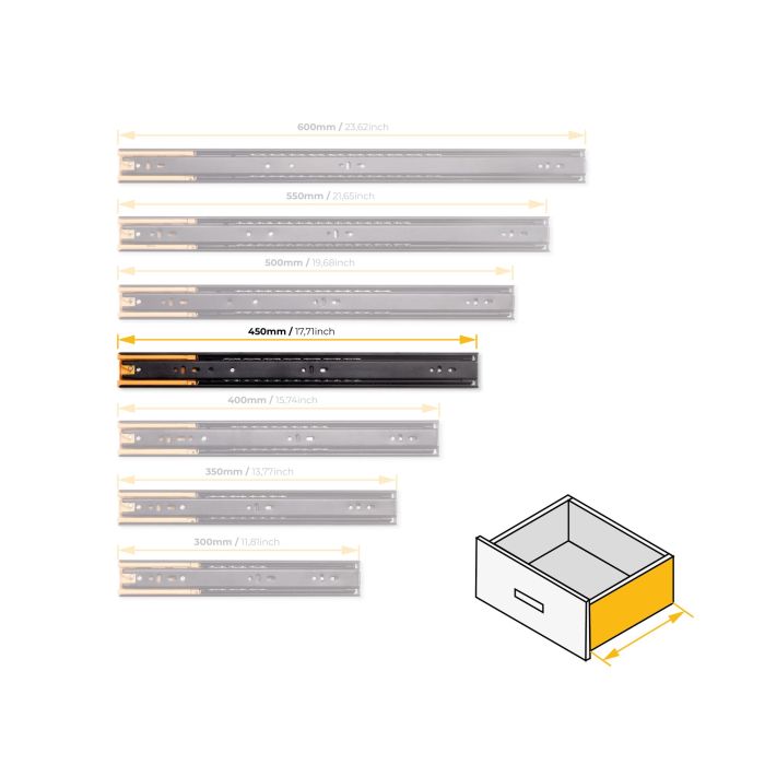 Emuca Lot de 5 jeux de Coulisses pour tiroirs, roulement à billes, hauteur 45mm, profondeur 450mm, sortie totale, fermeture amortie, Noir 9