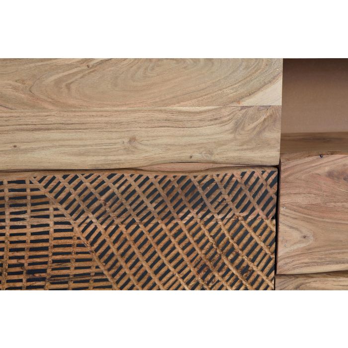 GINER Y COLOMER Buffet en bois d'acacia et métal, 2 portes et 3 tiroirs, couleur naturel et noir, buffet rustique avec pattes métal et sculptures manuelles 3