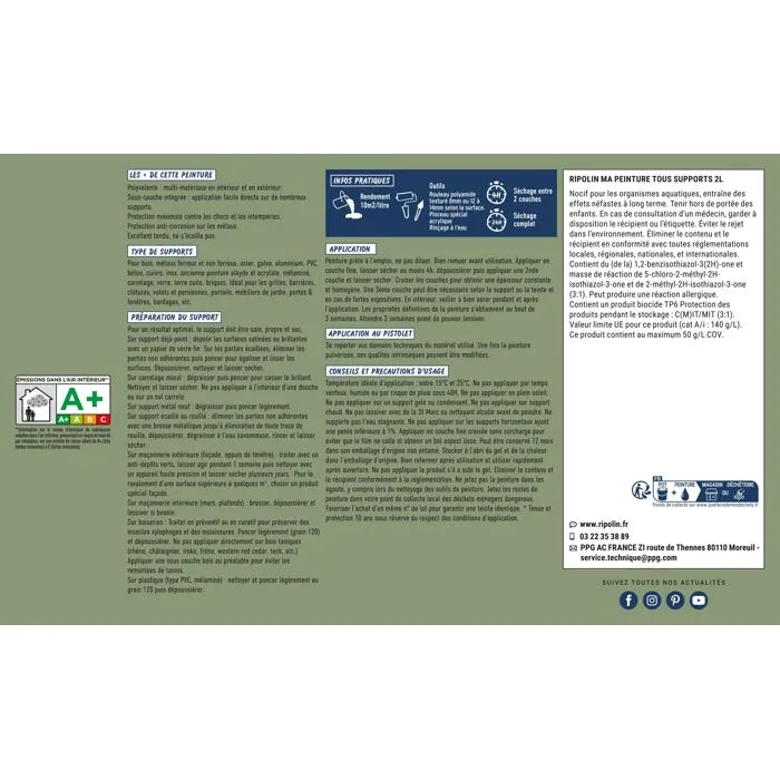 Ripolin Peinture Multi-Supports 2L, Mat, Vert Olive RAL 6021 - Pour Bois, Métal, Béton, PVC - Résistante aux UV et Intempéries