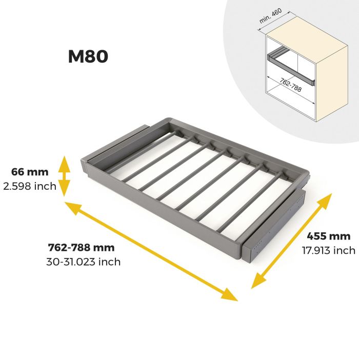 Emuca Kit de porte-pantalon à 7tringles et rack ajustable Quartz pour armoires, glissières extension totale et à fermeture douce, Module 80cm, Finition Titane 10