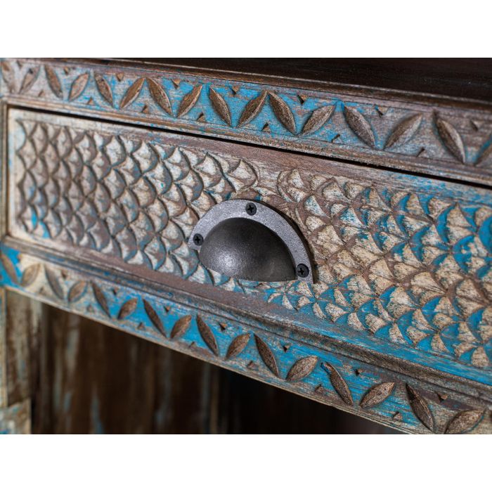 GINER Y COLOMER - Buffet Bibliothèque Artisanal en Bois de Mango, Style Exotique, Finition Bleu Patiné, 3 Tiroirs et Étagères, 170 cm de Largeur 3 GINER Y COLOMER - Buffet Bibliothèque Artisanal en Bois de Mango, Style Exotique, Finition Bleu Patiné, 3 Tiroirs et Étagères, 170 cm de Largeur 3